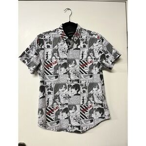 Anime Shirt Men's Small Black White Block Strip Graphic Button Up Kissing